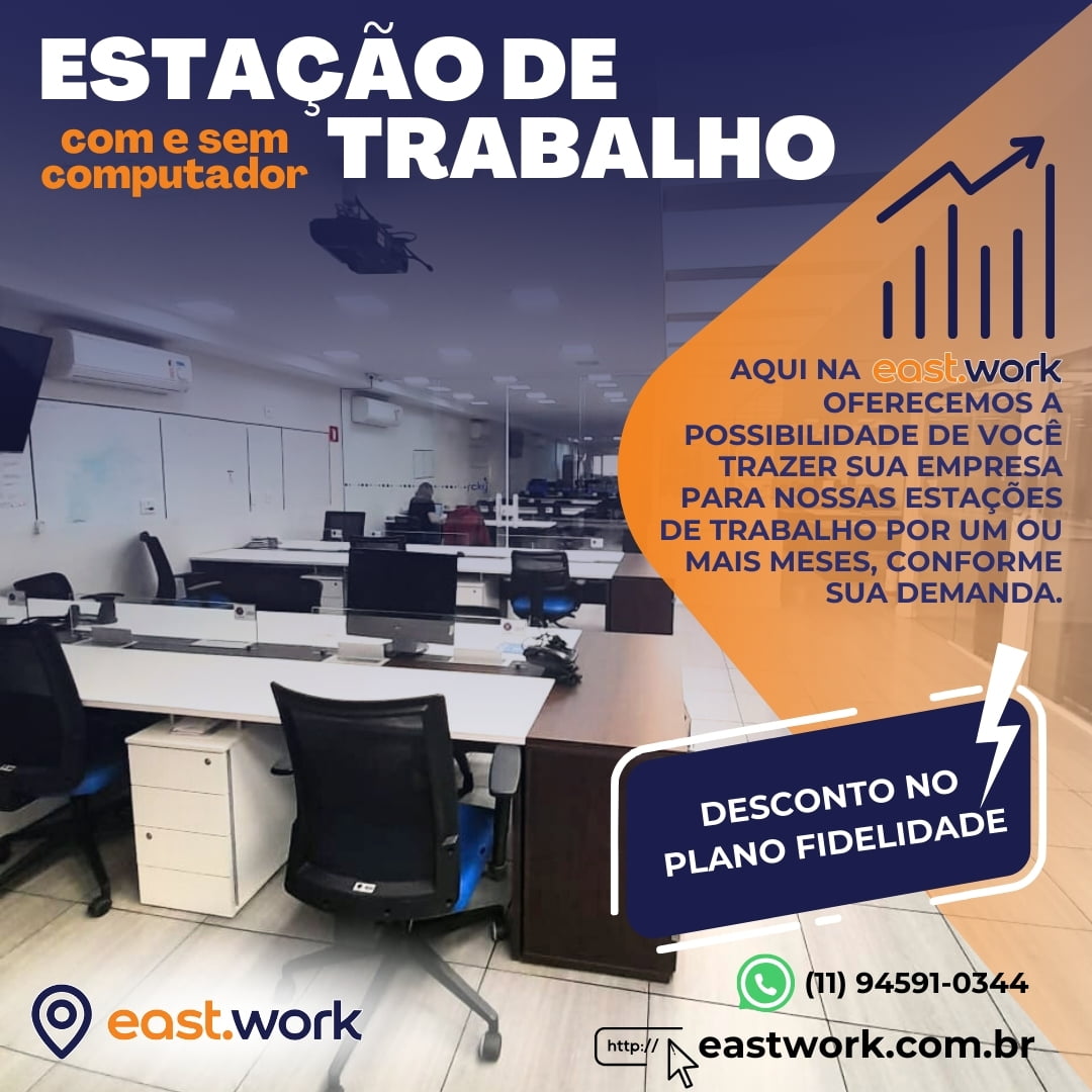 Coworking em estações de trabalho com ou sem computador, flexíveis ou mensais!